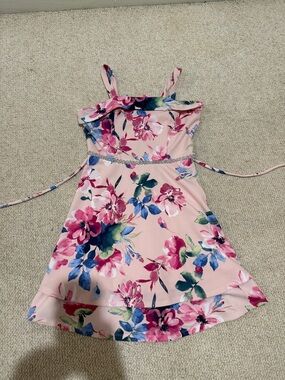 Floral Pink A-Line Girls' Dress with Ribbon Waist